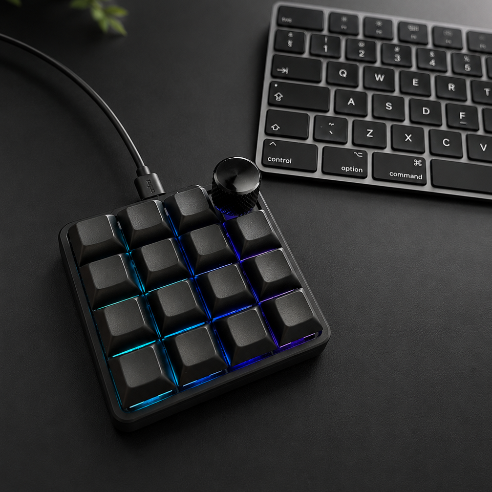A compact 16-key mechanical keyboard pad with black keycaps and blue RGB backlighting, shown on a dark desk next to a computer keyboard.